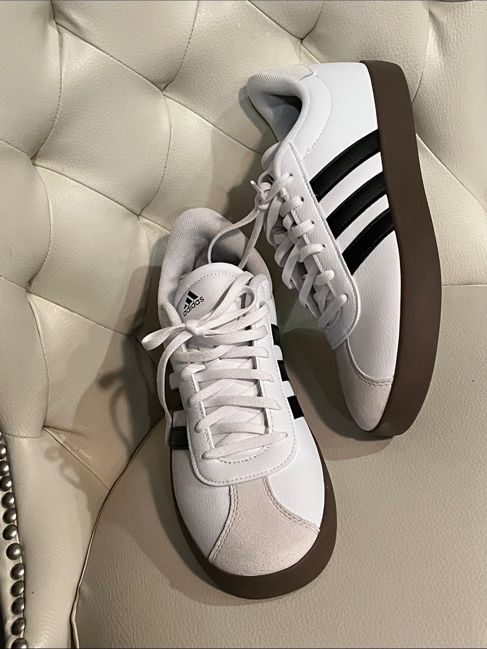 adidas White Sneakers with Black Stripes and Brown Sole Eye Catching Fashion